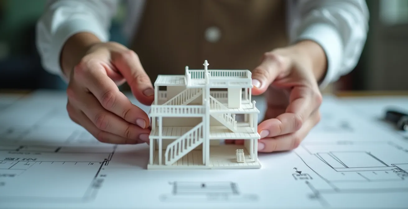 Mains manipulant une maquette architecturale avec escaliers et espaces