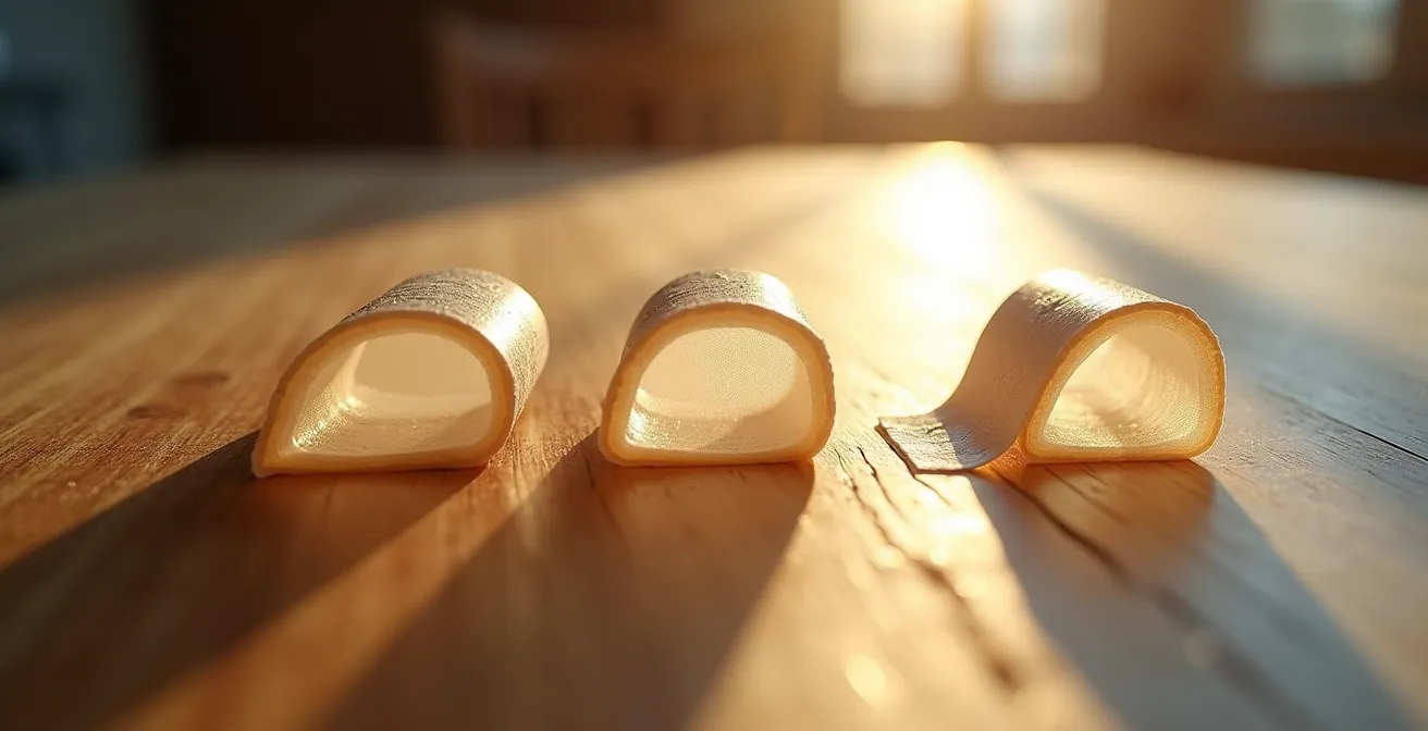 Vue macro montrant la différence d'épaisseur entre trois types de rubans adhésifs pour déménagement