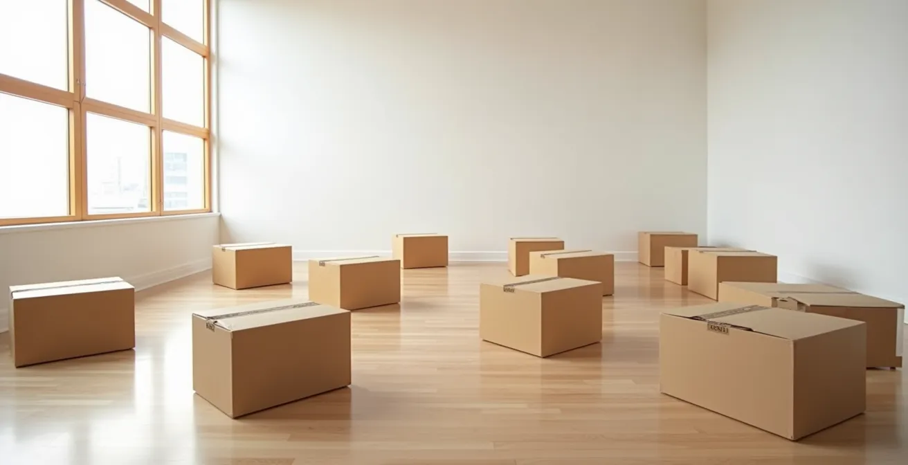 Vue aérienne d'un espace épuré avec cartons organisés géométriquement