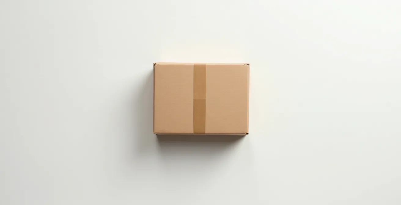 Vue plongeante d'un carton montrant la technique de fermeture en H avec ruban adhésif