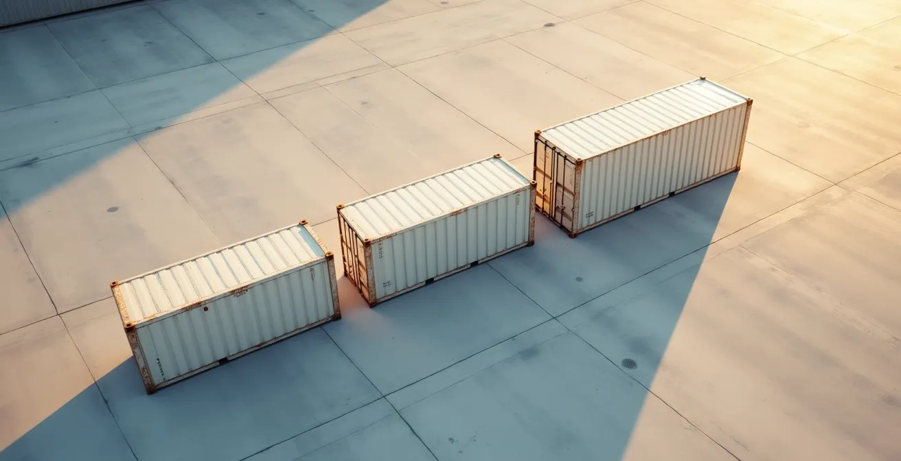 Vue aérienne comparative de trois formats de conteneurs frigorifiques alignés