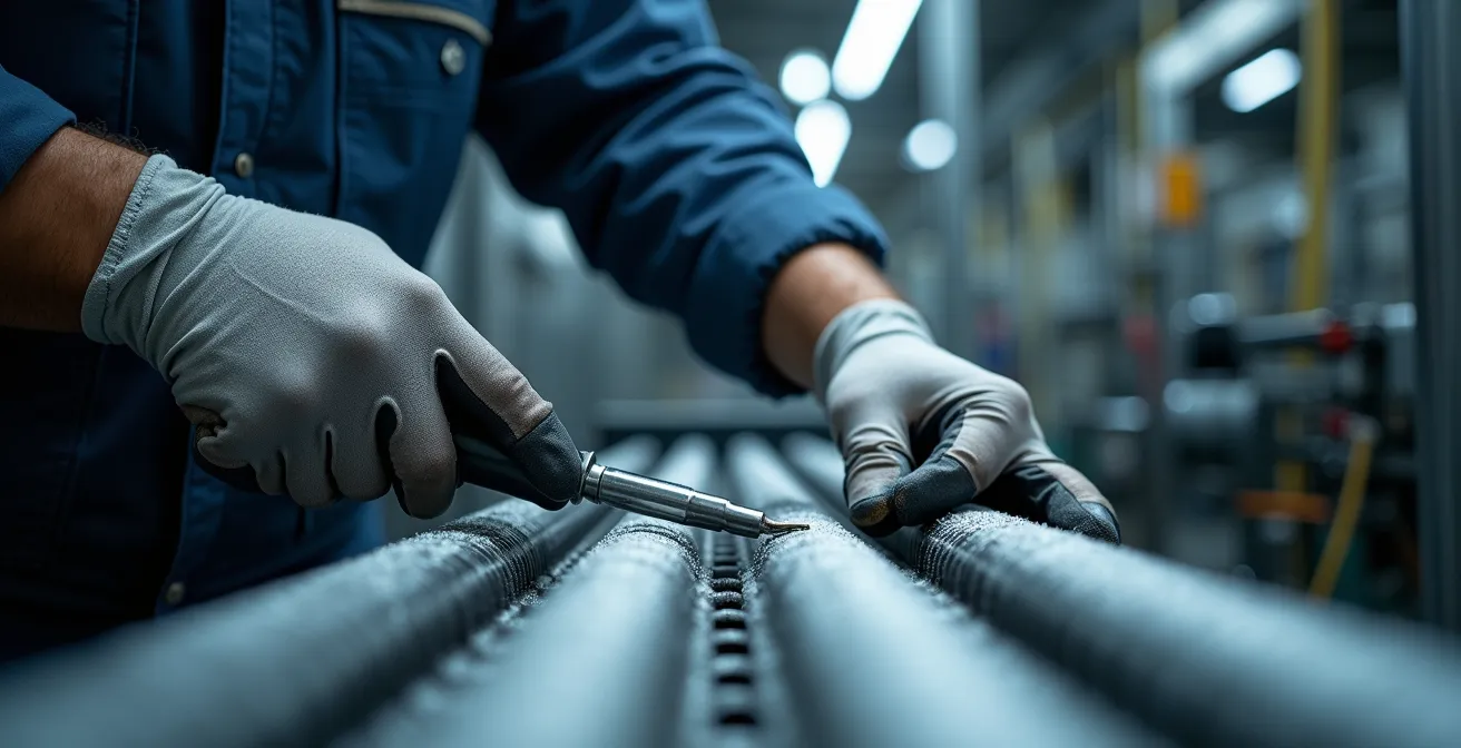 Gros plan sur les mains d'un technicien inspectant les composants d'un système de réfrigération