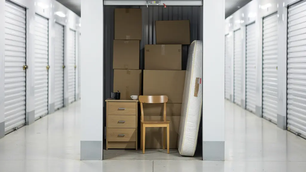 Intérieur d'un box de stockage avec cartons empilés et mobilier