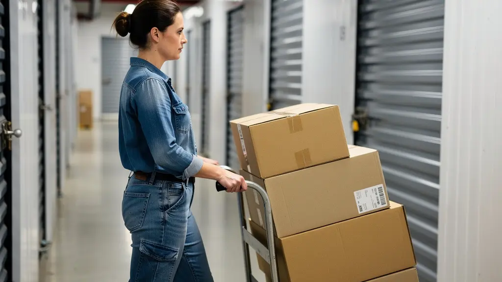 Personne utilisant un chariot de manutention dans un couloir de stockage