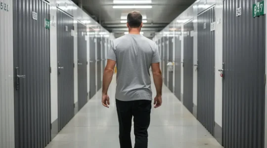 Couloir moderne de boxes de stockage sécurisés avec portes métalliques numérotées