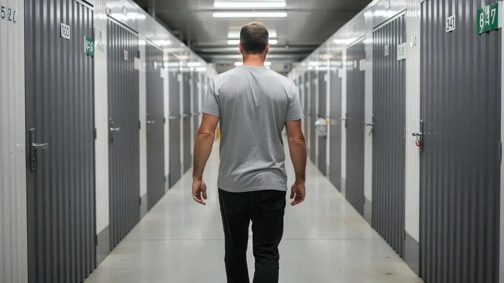 Couloir moderne de boxes de stockage sécurisés avec portes métalliques numérotées