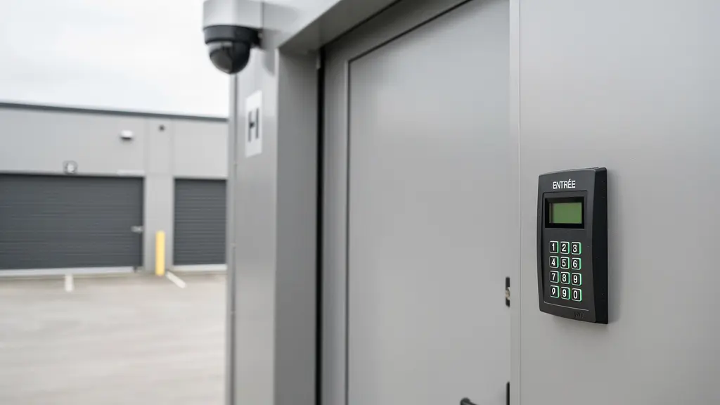 Caméra de surveillance et digicode à l'entrée d'un site de self-stockage