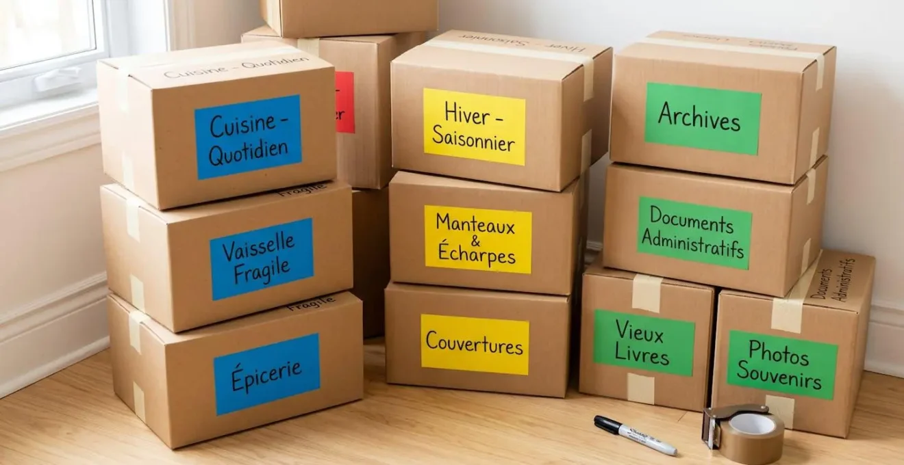 Cartons de déménagement en carton kraft avec étiquettes de couleur distinctes portant des annotations manuscrites en français pour catégoriser les affaires