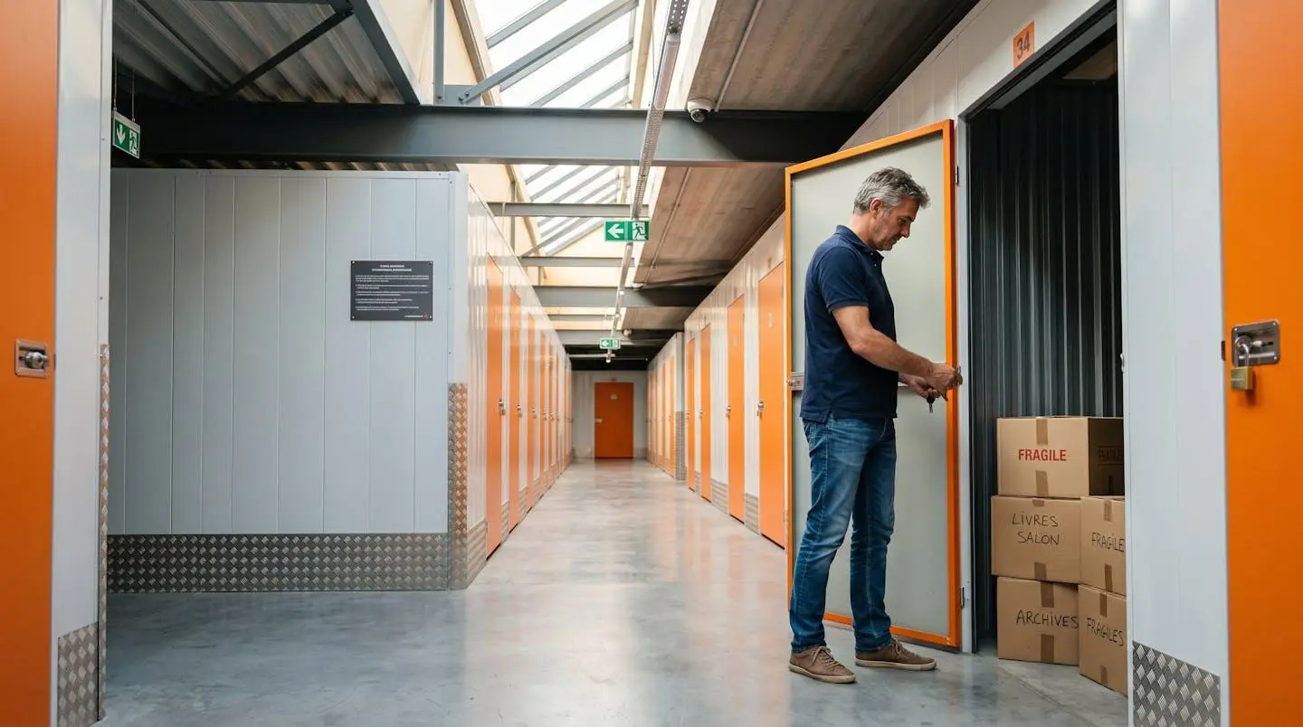 Couloir moderne d'un centre de self-stockage avec boxes sécurisés alignés, un homme déverrouillant son unité de stockage personnelle, cartons empilés à l'entrée, éclairage naturel par puits de lumière