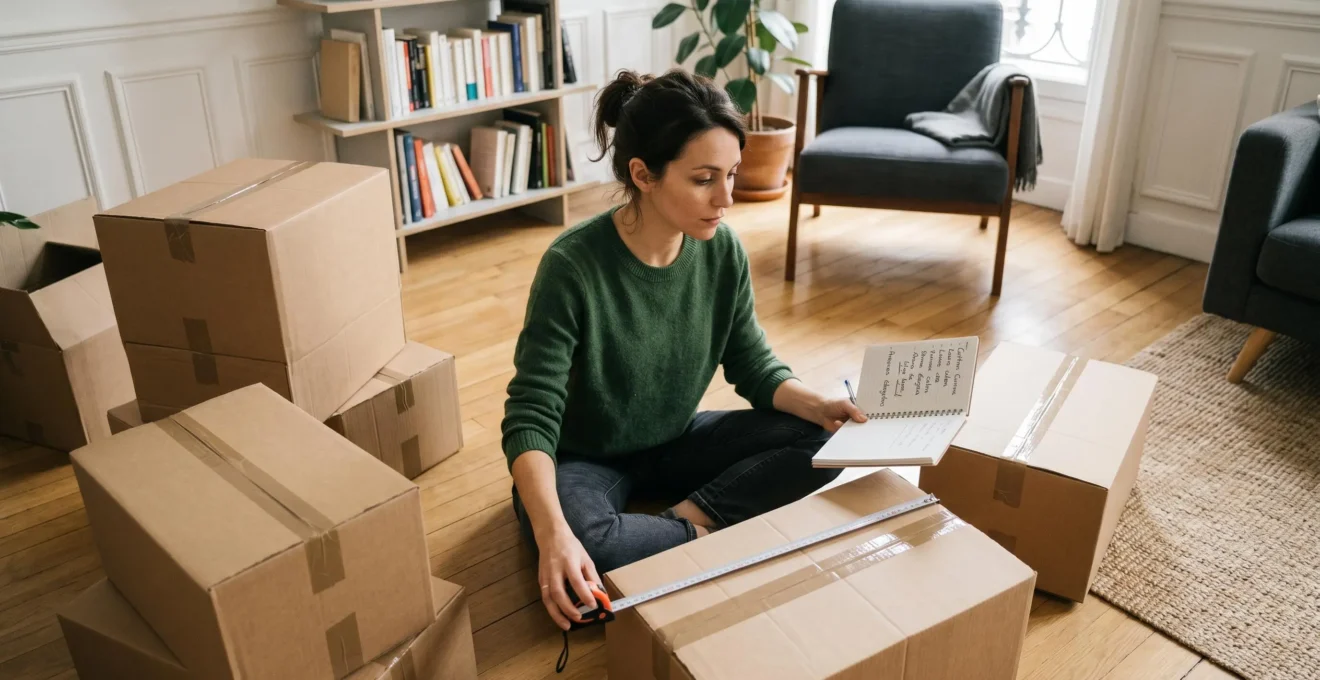 Femme assise au sol entourée de cartons empilés, mesurant et listant ses biens sur un bloc-notes, préparant l'estimation du volume de stockage nécessaire