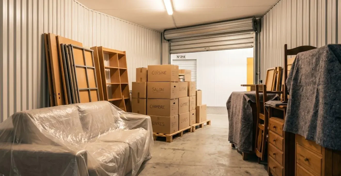Intérieur d'un box de stockage avec mobilier protégé par housses et couvertures, cartons étiquetés, environnement propre et organisé pour la durée de travaux