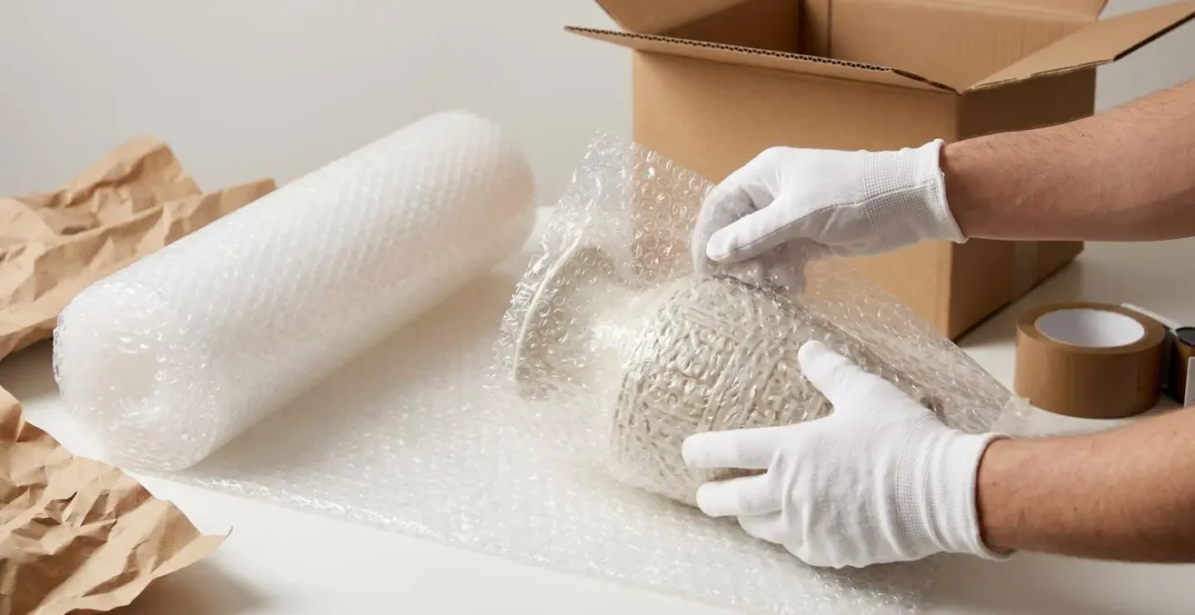 Mains gantées enveloppant un objet fragile avec film à bulles transparent, carton renforcé et matériaux de calage disposés sur surface de travail propre