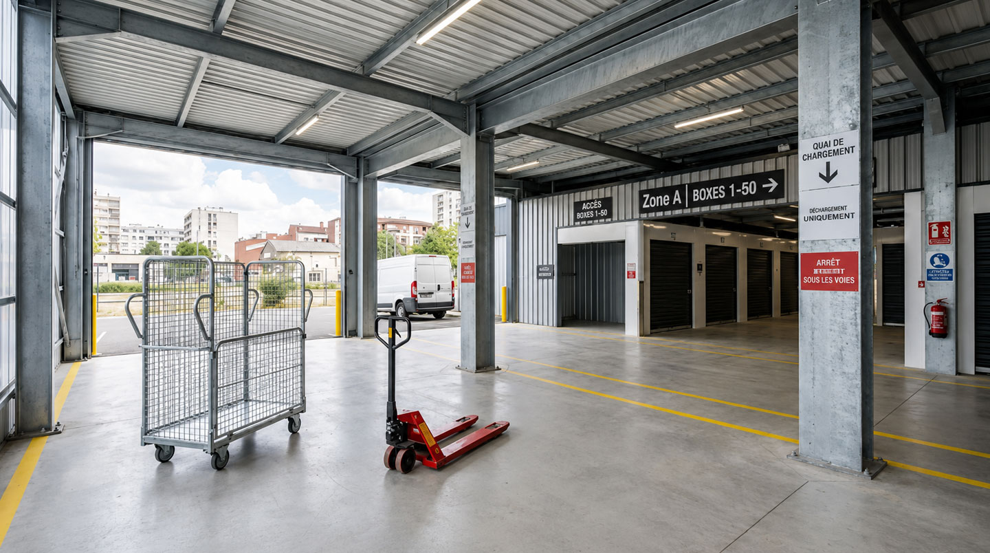 Aire de déchargement couverte d'un centre de stockage moderne avec chariot et transpalette disponibles au premier plan, sol béton marqué et signalétique en français