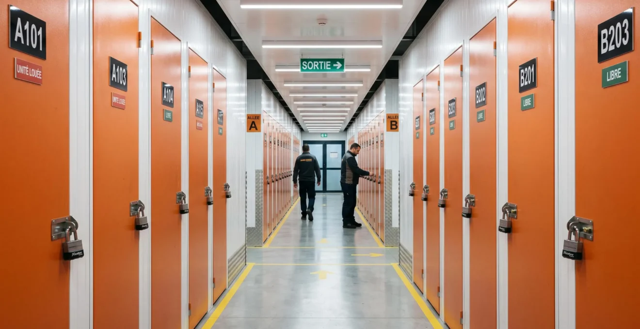 Couloir central d'un centre de self-stockage moderne avec alignement de box métalliques orange numérotés de chaque côté, éclairage LED au plafond, signalétique en français, sol béton poli, perspective profonde créant une ambiance sécurisée et professionnelle