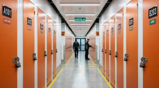 Couloir central d'un centre de self-stockage moderne avec alignement de box métalliques orange numérotés de chaque côté, éclairage LED au plafond, signalétique en français, sol béton poli, perspective profonde créant une ambiance sécurisée et professionnelle