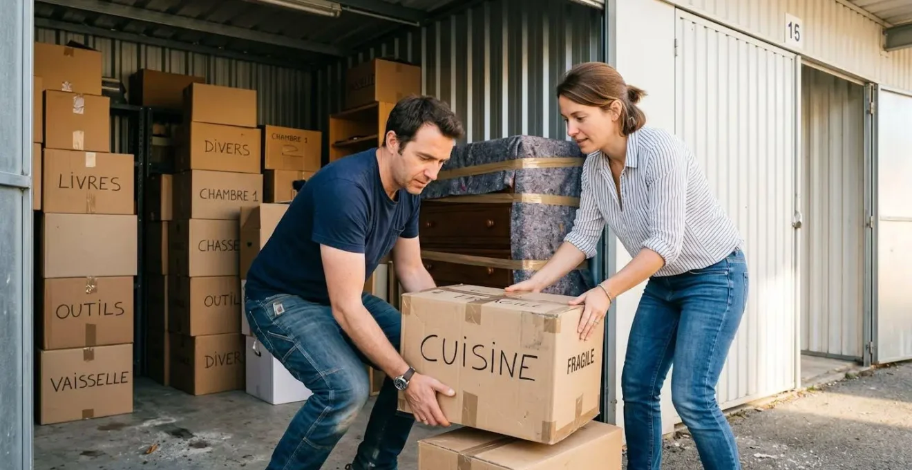 Couple français déposant ensemble un carton de déménagement étiqueté 'Cuisine' dans un box de stockage ouvert, posture de portage naturelle, arrière-plan avec cartons empilés et meuble emballé, éclairage naturel chaud