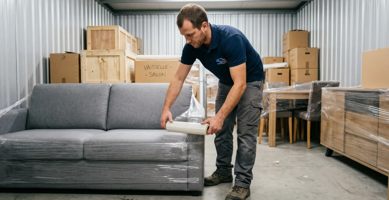 Professionnel français enroulant soigneusement un film plastique protecteur autour d'un canapé gris partiellement emballé dans un box de stockage éclairé, posture de travail concentrée, meubles emballés visibles en arrière-plan