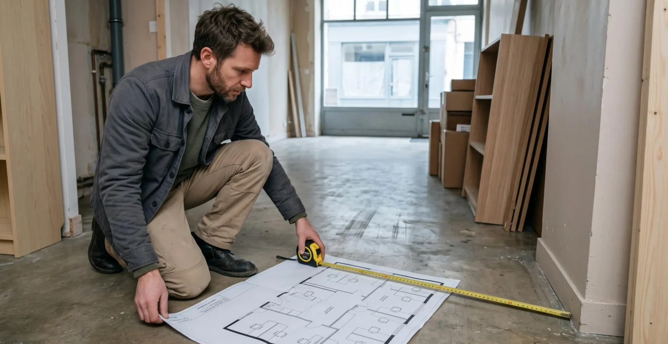 Un aménageur mesure le sol d'un petit local professionnel avec un mètre ruban, un plan déroulé à ses côtés.