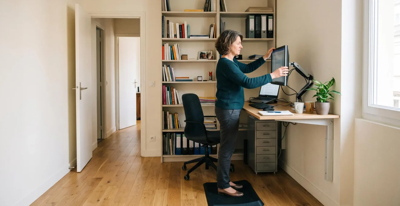 Une femme travaille debout à un bureau mural compact dans un petit bureau professionnel bien agencé.