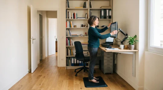 Une femme travaille debout à un bureau mural compact dans un petit bureau professionnel bien agencé.
