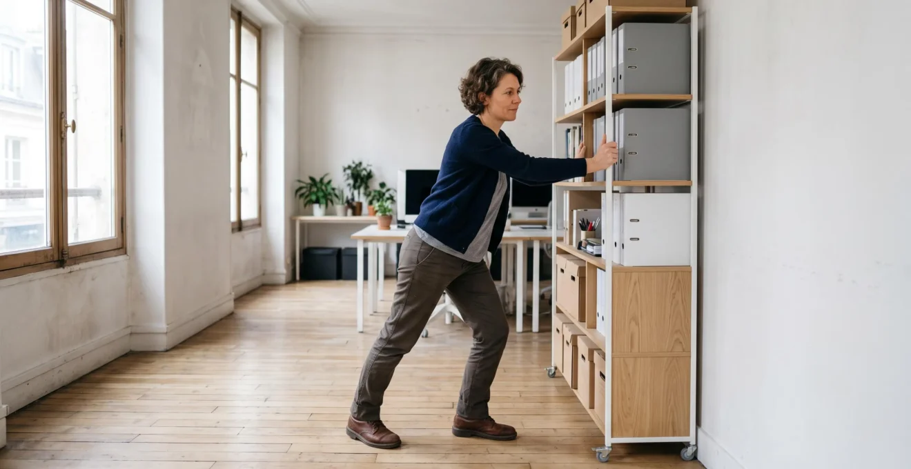Une femme pousse une étagère roulante contre un mur pour libérer de l'espace au sol dans un petit bureau.