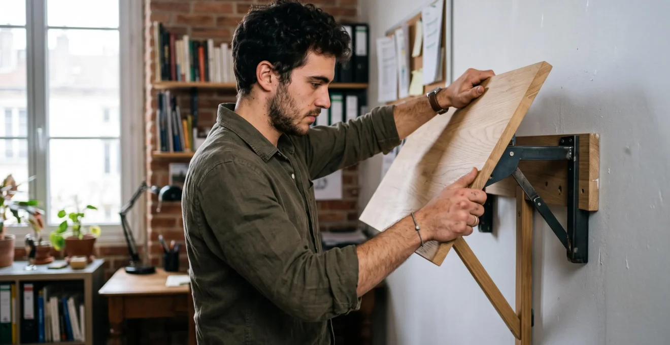 Un homme déplie une table murale rabattable fixée contre un mur dans un petit bureau.